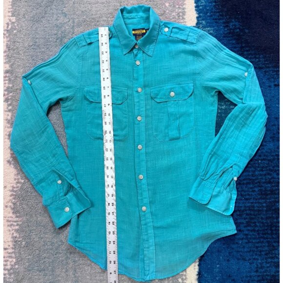 Ralph Lauren Rugby Womens Boyfriend Button Down Turquiose Blouse Roll Tab Size 0 - Picture 10 of 10